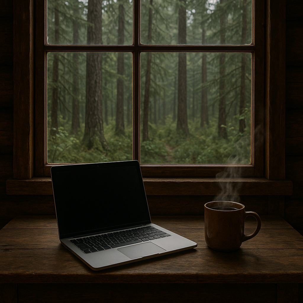 Laptop and coffee on a wooden desk in front of a forest window